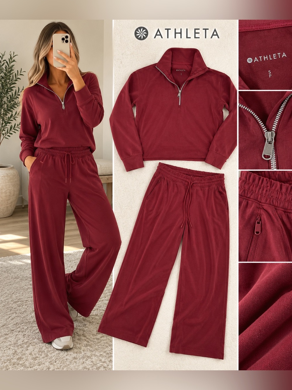 Athleta Burgundy Half Zip Pullover Wide Leg Pants Matching Set Small